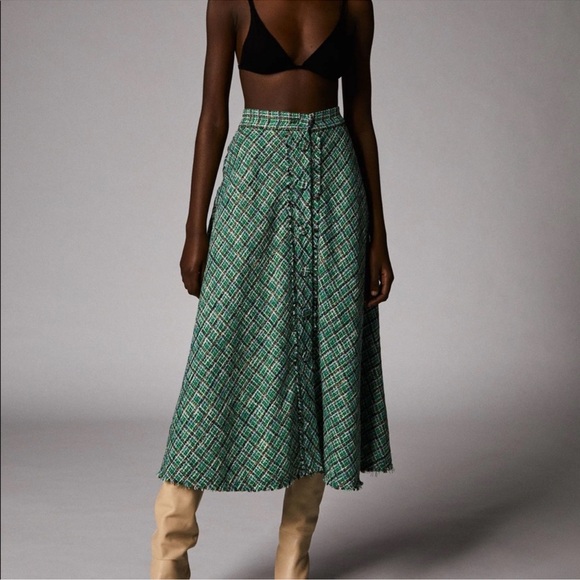 Zara Tweed Weave Textured High Waist A-Line Midi Skirt Green Sz S - Picture 8 of 12
